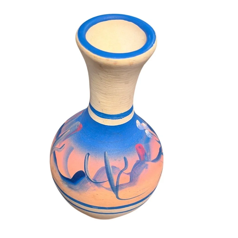 Hand Painted Southwestern Terracotta Vase Blue Peach Desert Landscape Cactus VTG